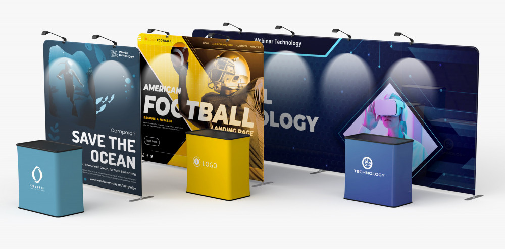 Trade show booth with backdrops and table cover