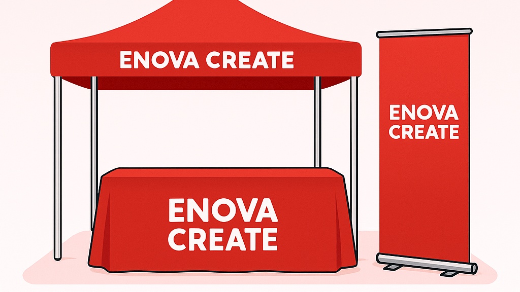 Trade show booth with canopy, retractable banners, and backdrop highlighting a brand