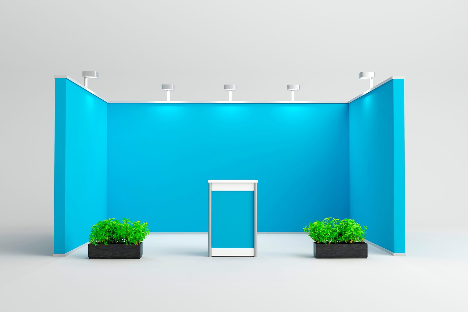 Stand de exposicion vacio con backdrop azul listo para evento