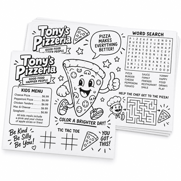 Custom restaurant placemat printing for diners, family restaurants and food-service businesses