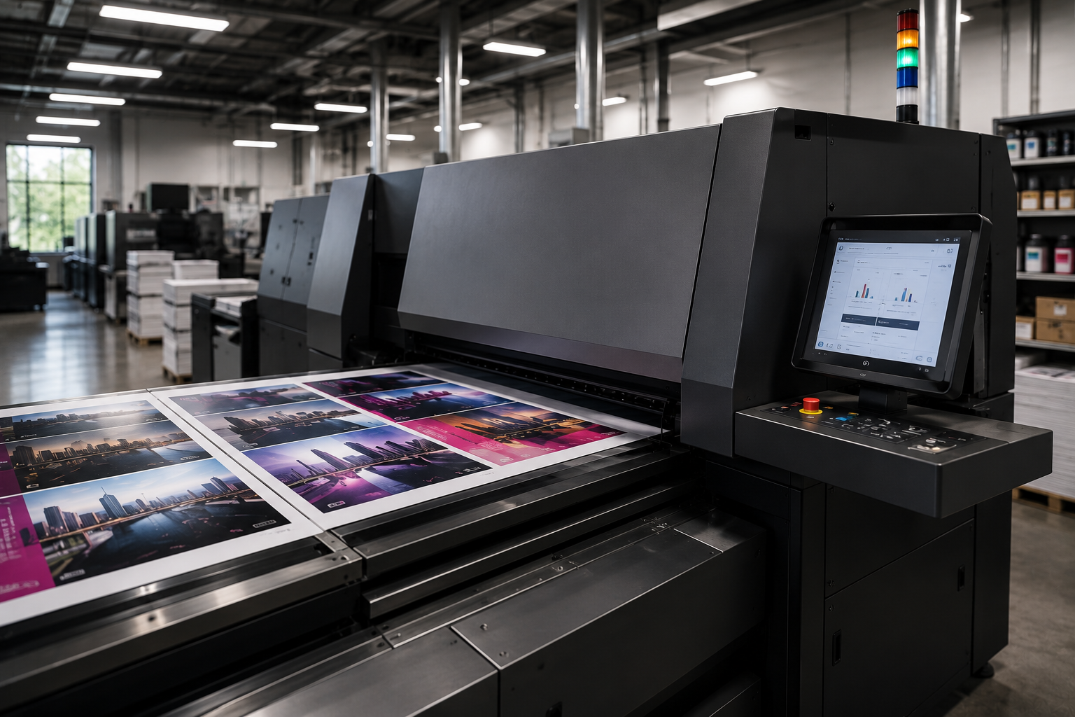 Large format printing press running full-colour city skyline posters at Print It of South Florida