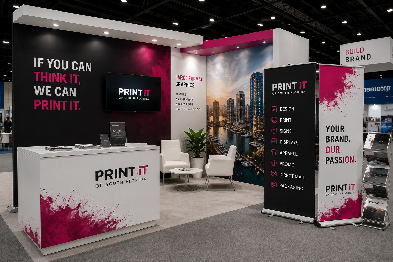 Print It of South Florida trade show booth with banners, retractable stands, and large format graphics