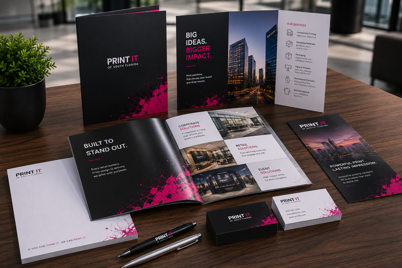 Marketing materials from Print It of South Florida including brochures, booklets, letterhead, rack cards and business cards