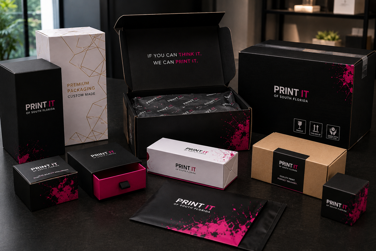 Custom branded packaging from Print It of South Florida including mailer boxes, rigid boxes and poly mailers