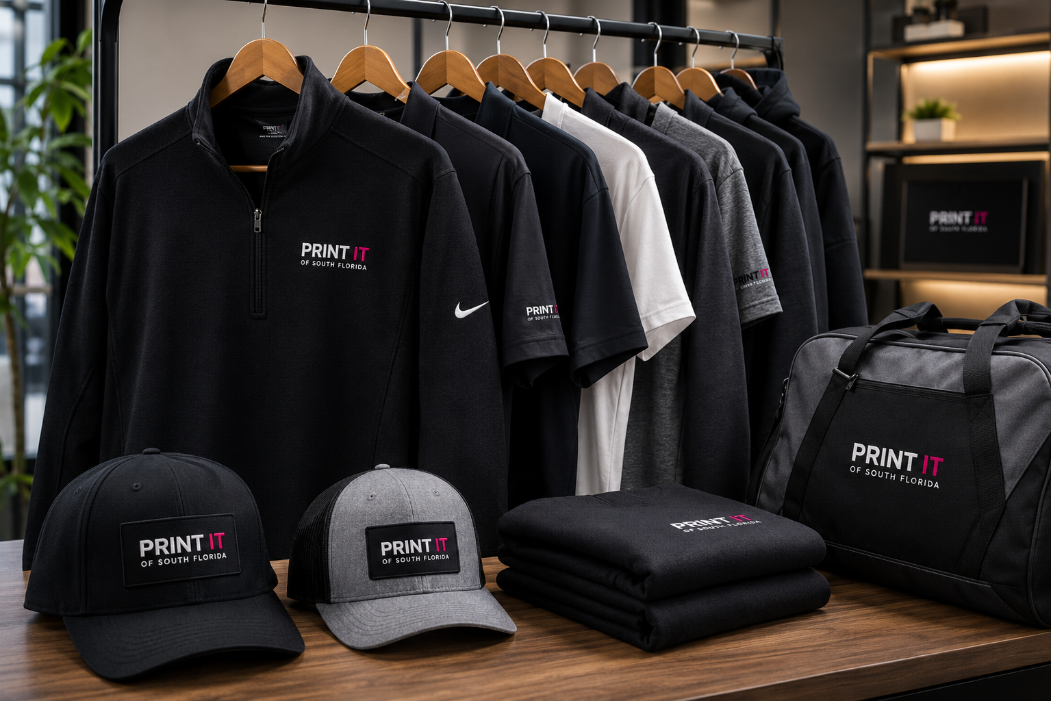 Branded apparel from Print It of South Florida including embroidered pullovers, polos, caps and a duffel bag