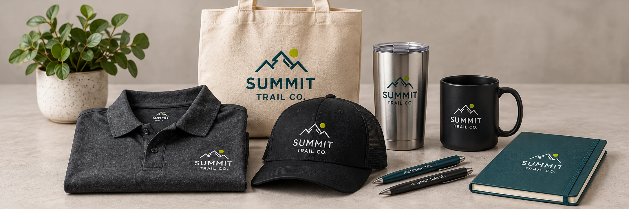 Illustrative branded polo, cap, canvas tote, tumbler, mug, notebook and pens