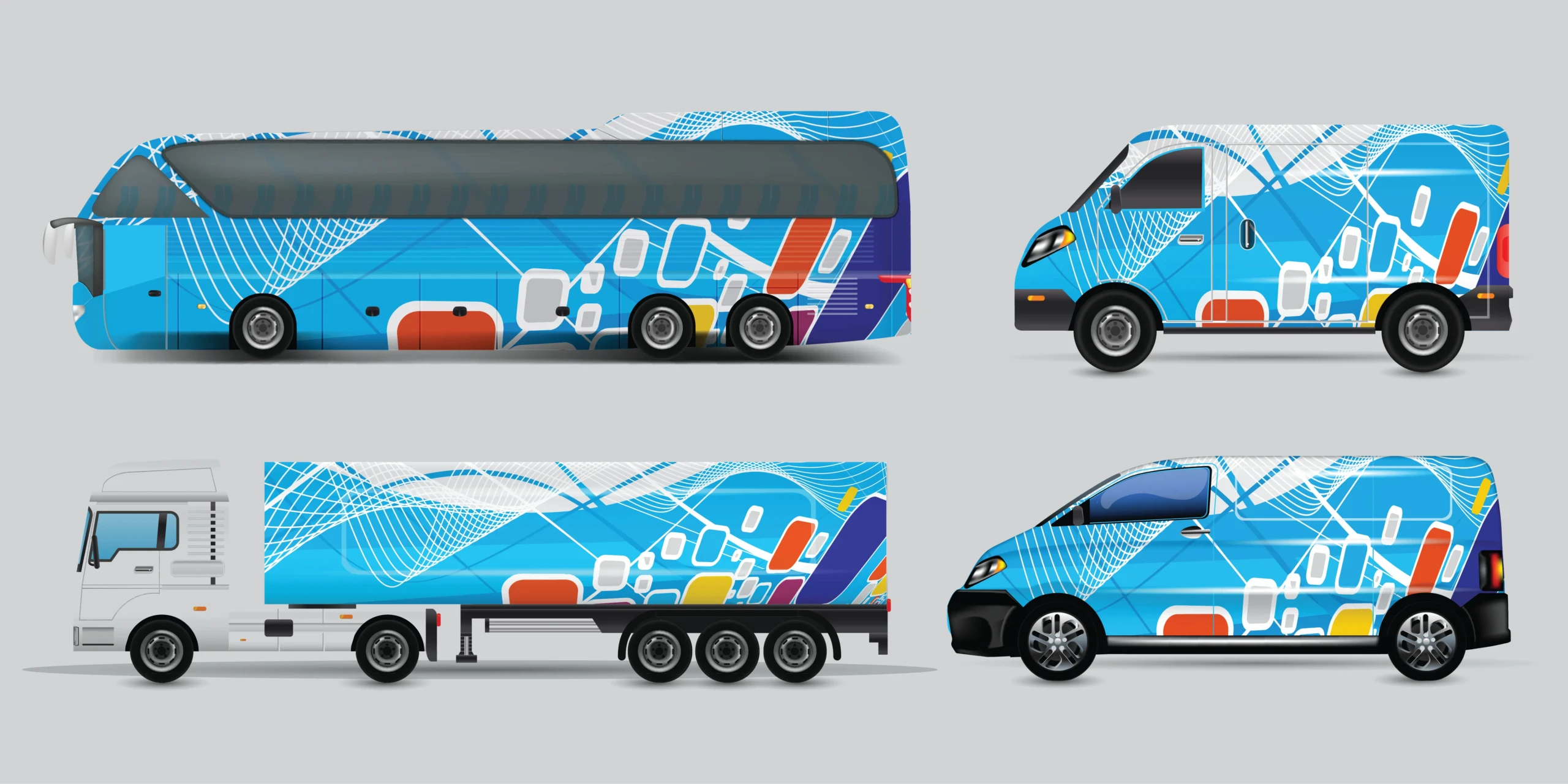 Full-color wrap graphics on a bus, trailer, and van