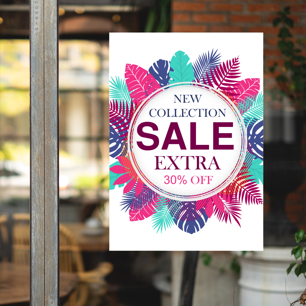 Retail storefront window cling with sale graphic