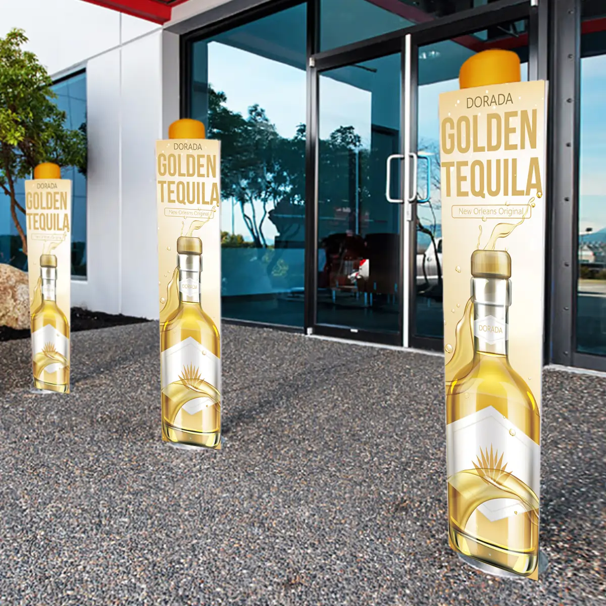 Branded bollard sleeves outside a storefront