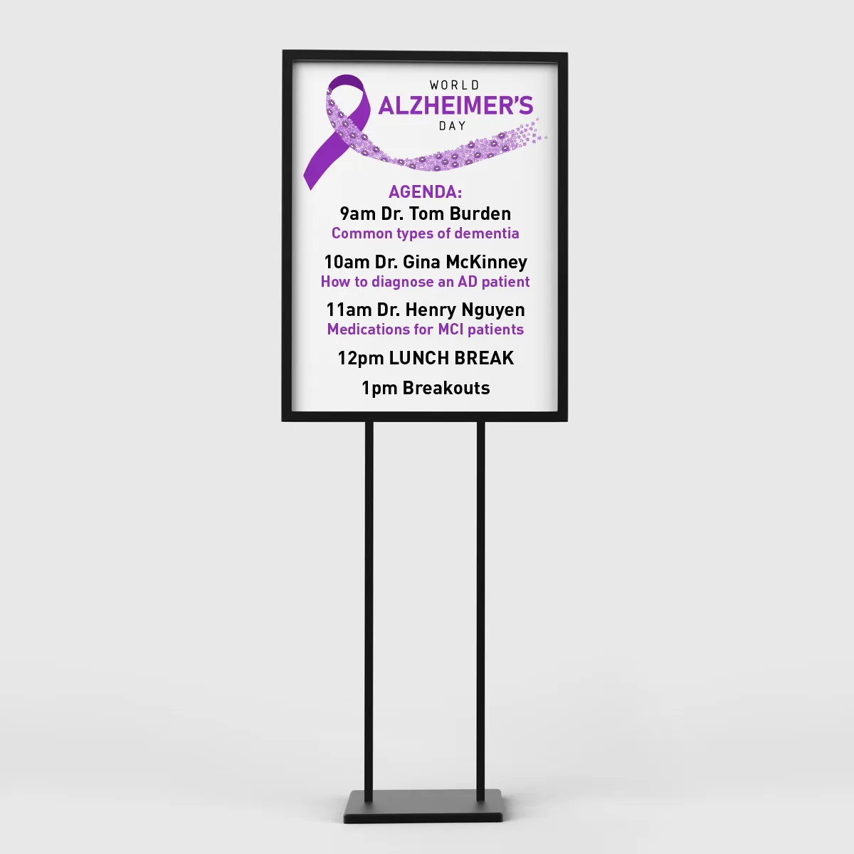 Styrene sign panel in a floor-standing display frame
