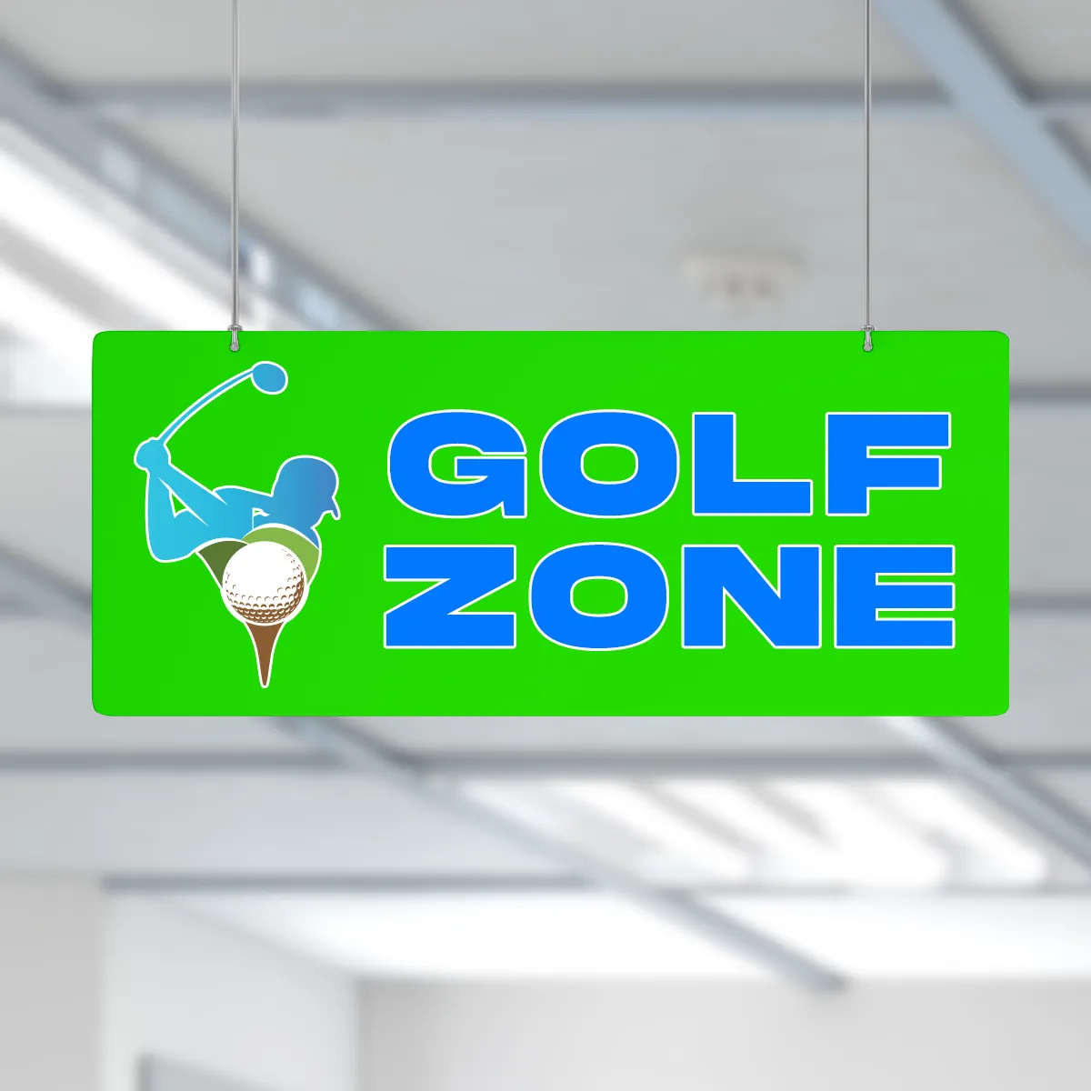 Styrene hanging sign suspended from a ceiling