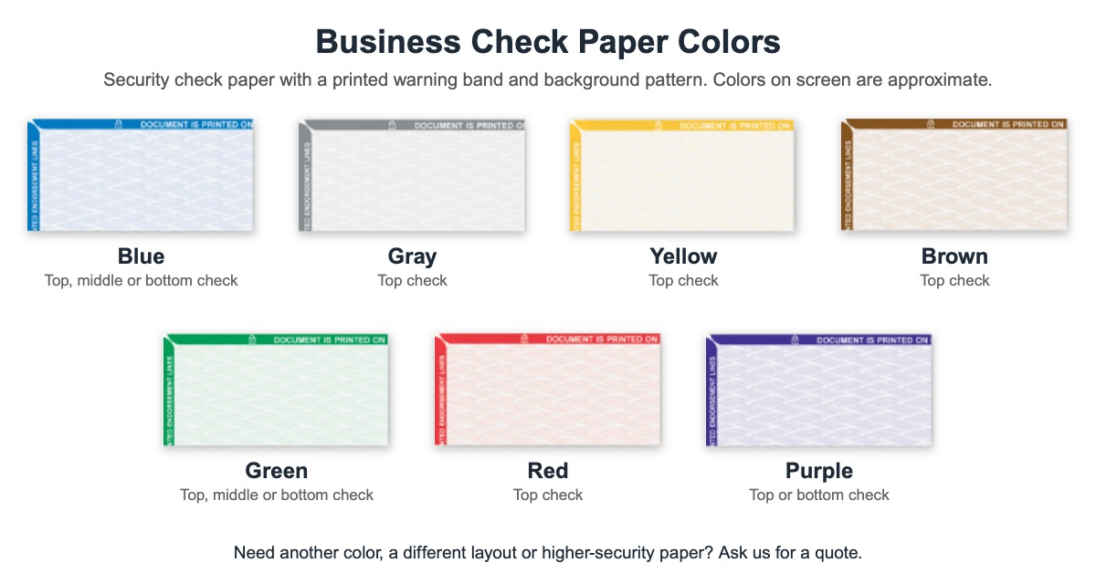 Business check paper colors: blue, gray, yellow, brown, green, red and purple