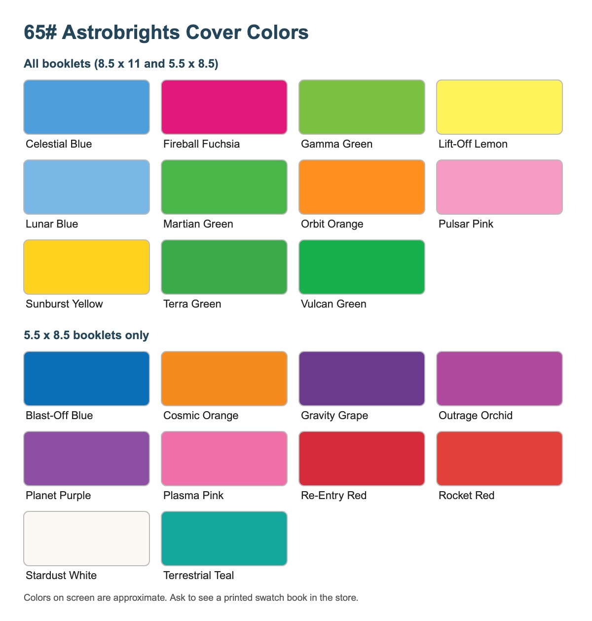 65# Astrobrights cover color chart